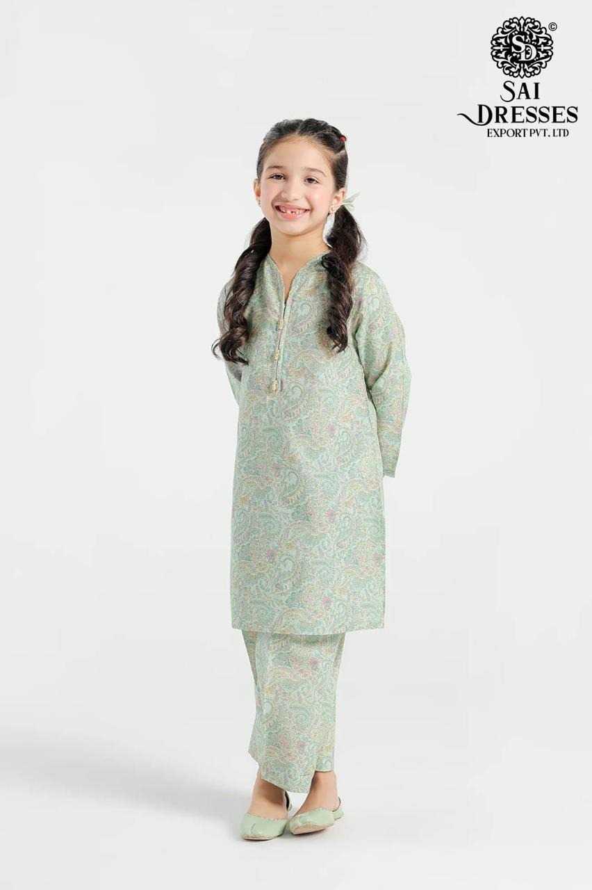 TRENDING PISTA GREEN MASLIN PRINTED GIRLS SUIT SET – COMFORTABLE DAILY & FESTIVE WEAR COLLECTION