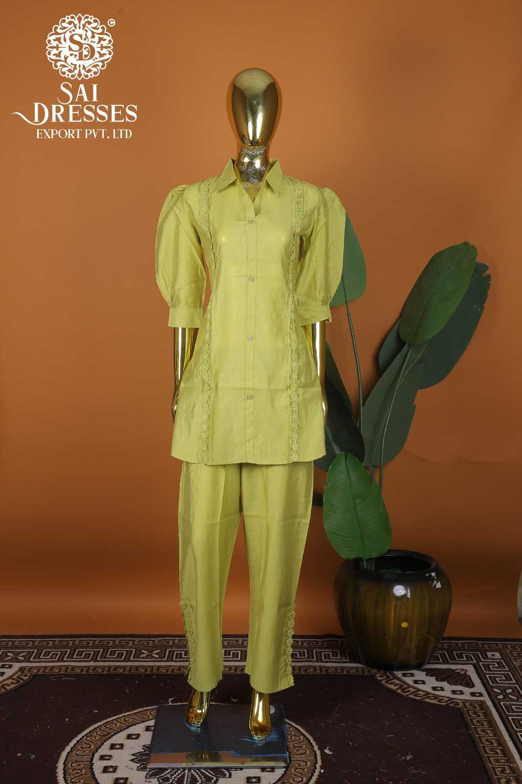 VARTICAN SILK WITH GPO LACES DESIGNER LADIES CO-ORD SET WITH ELEGANT COLLAR STYLE TOP & MATCHING PANT