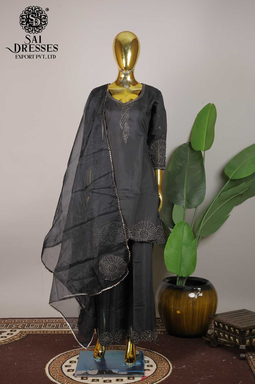  BLACK ROMAN SILK HEAVY HAND WORK KURTI PANT WITH DUPATTA SET