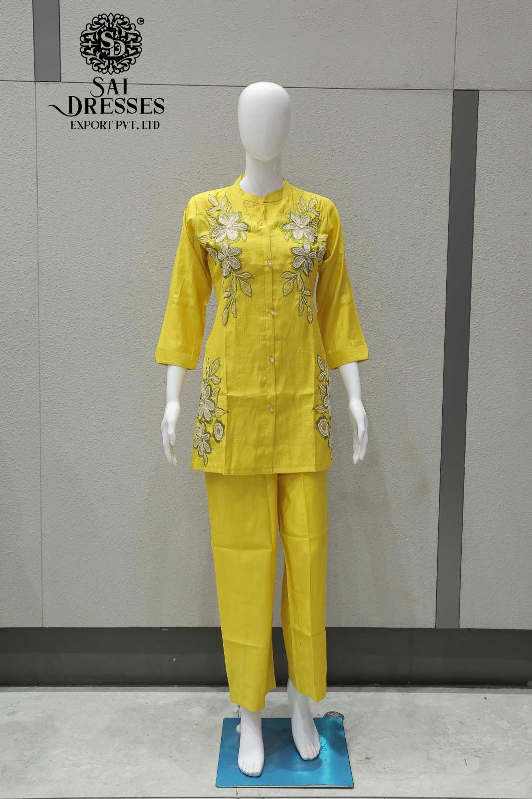 BRIGHT YELLOW VATICAN CO-ORD SET WITH HEAVY FLORAL HANDWORK AND MATCHING STRAIGHT PANTS