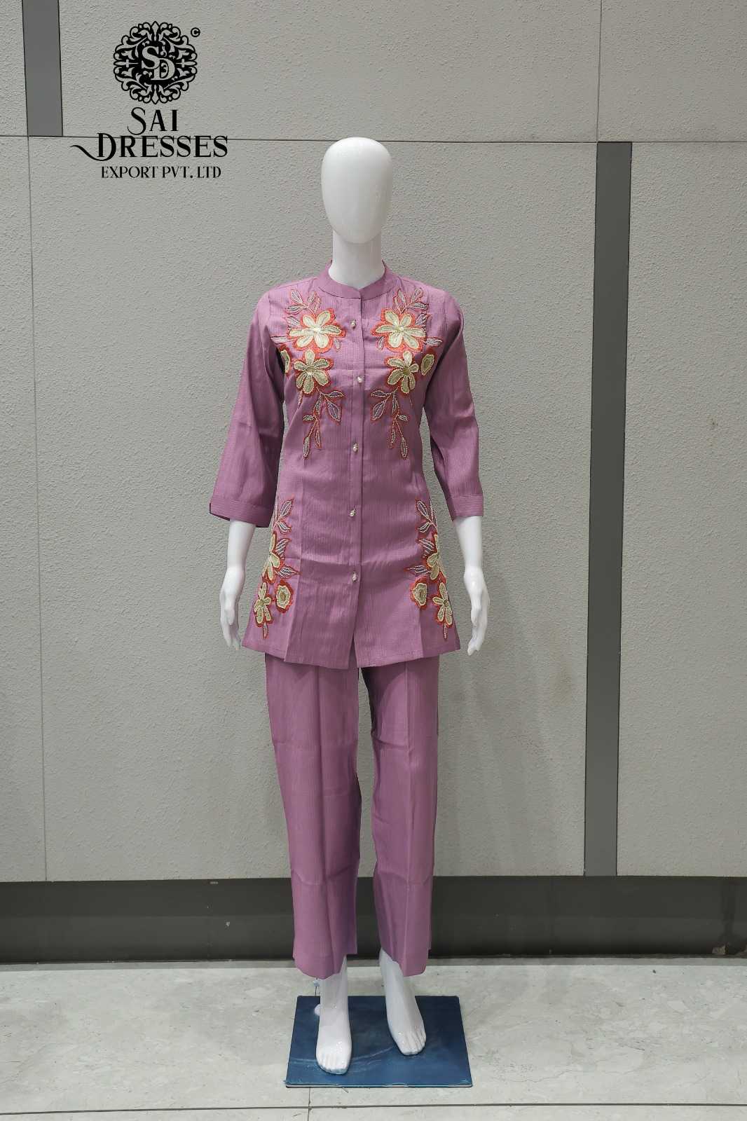 DUSTY PINK VATICAN CO-ORD SET WITH HEAVY FLORAL HANDWORK AND MATCHING STRAIGHT PANTS