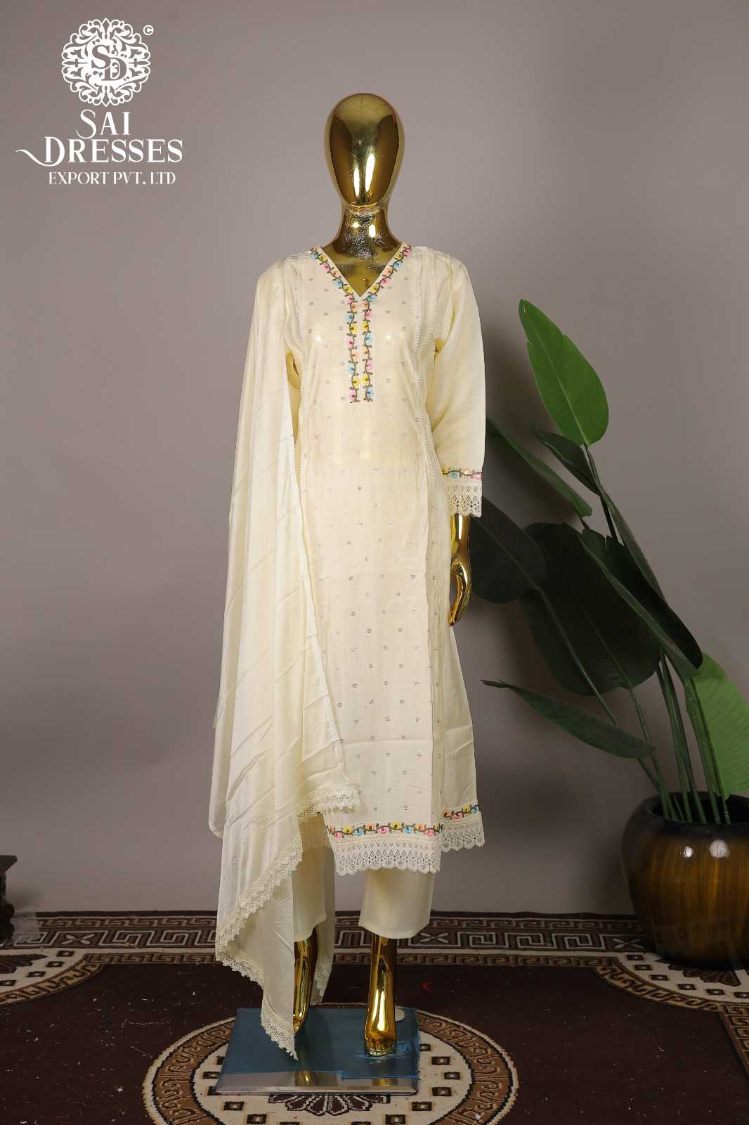 ELEGANT CREAM VARTICAN SILK HEAVY WORK SALWAR SUIT WITH DUPATTA