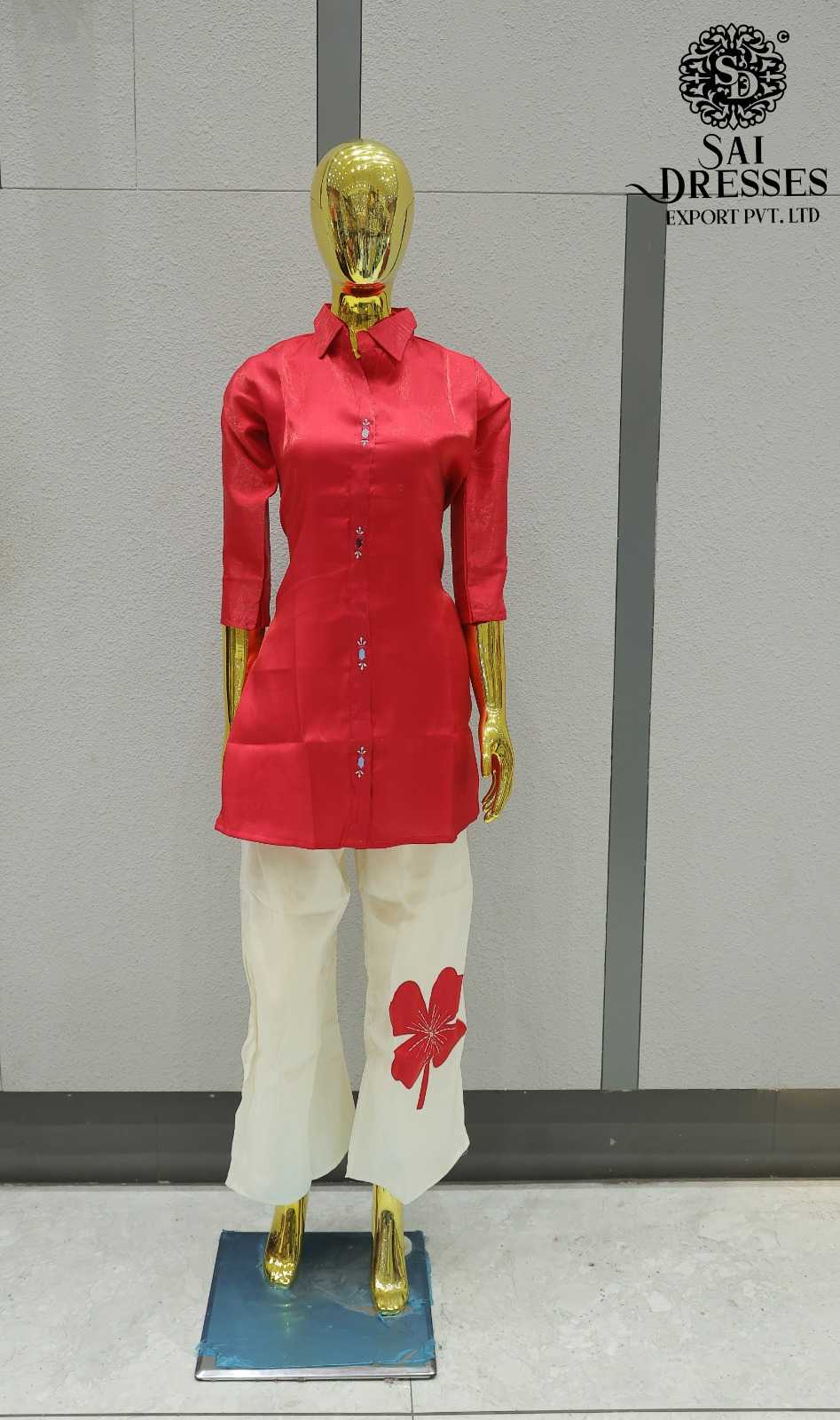 GLASS ORGANZA WITH WORK DESIGNER TOP AND OFF WHITE BOTTOM SET IN BRIGHT RANI PINK