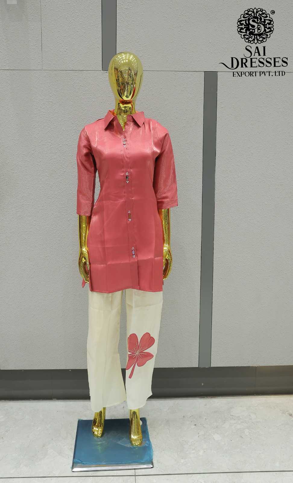 GLASS ORGANZA WITH WORK DESIGNER TOP AND OFF WHITE BOTTOM SET IN PEACH PINK