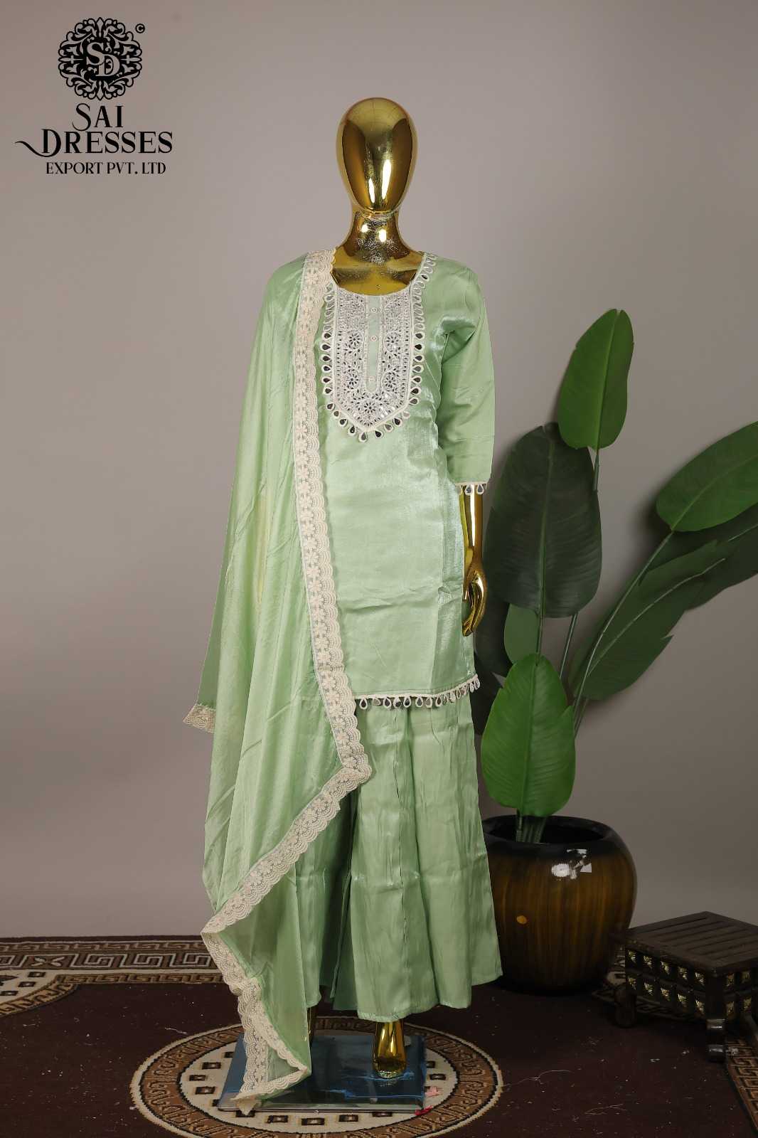 GLASS ROMAN PISTA GREEN HEAVY MIRROR WORK KURTI PALAZZO WITH DUPATTA SET