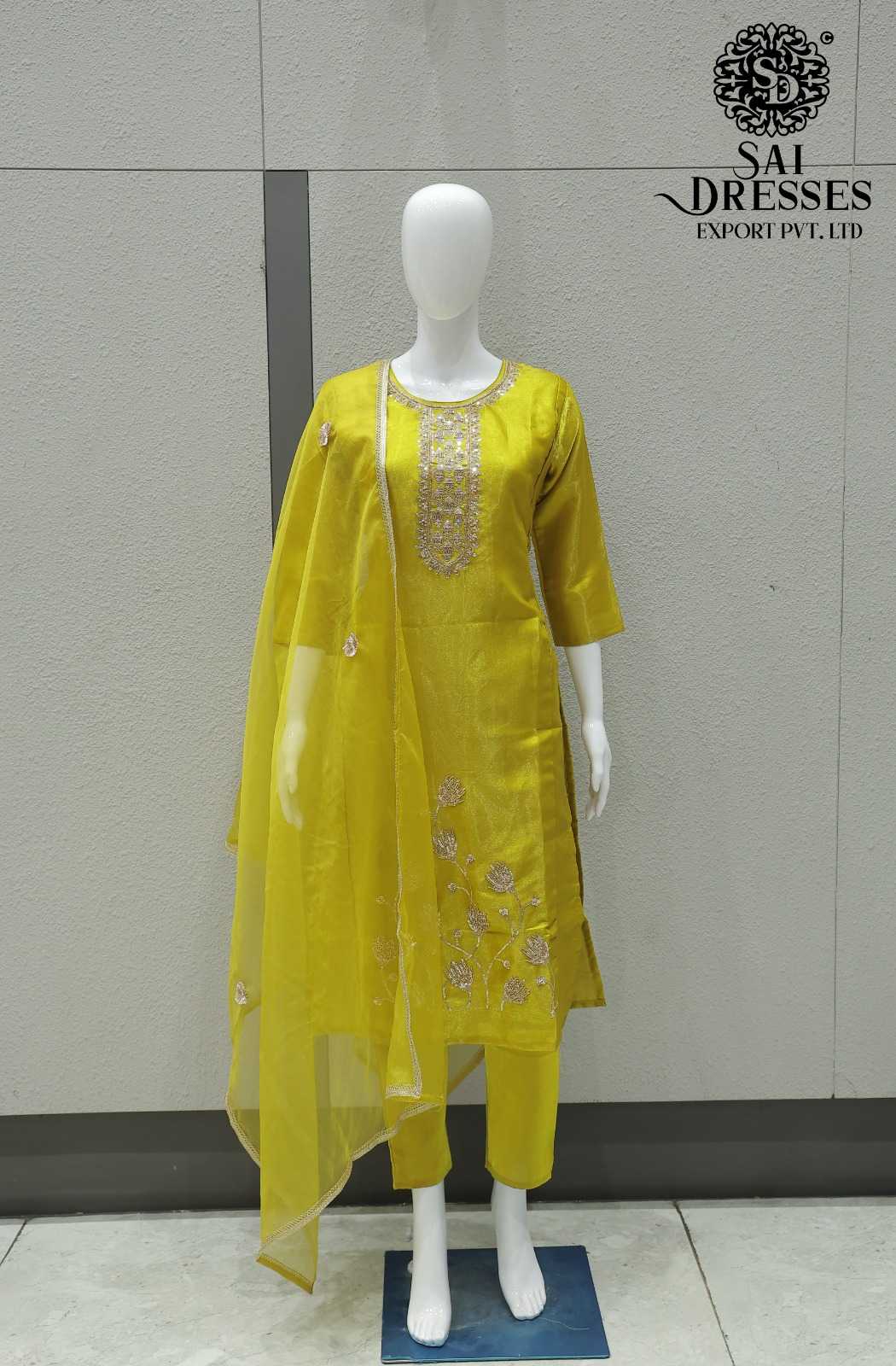 GLASS ROMAN WITH HEAVY HANDWORK DESIGNER TOP BOTTOM DUPATTA SET IN BRIGHT YELLOW