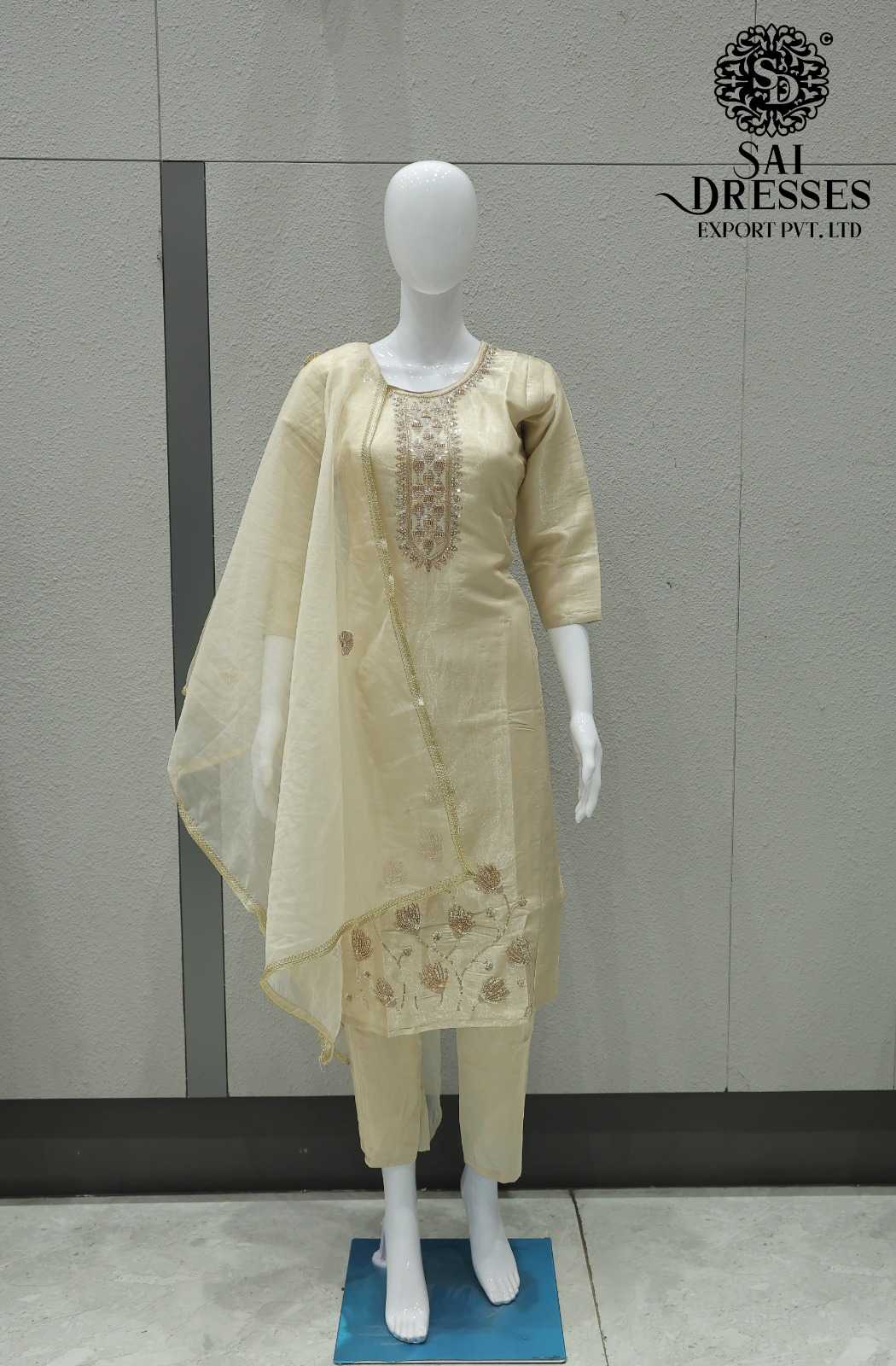 GLASS ROMAN WITH HEAVY HANDWORK DESIGNER TOP BOTTOM DUPATTA SET IN CREAM