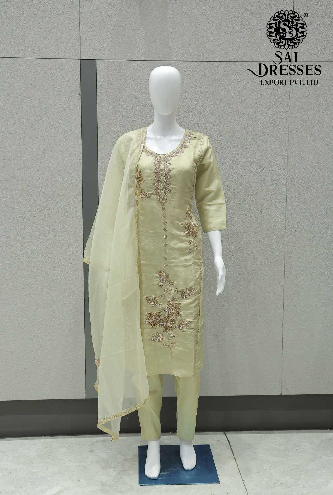 GLASS ROMAN WITH HEAVY HANDWORK DESIGNER TOP BOTTOM DUPATTA SET IN LIGHT CREAM