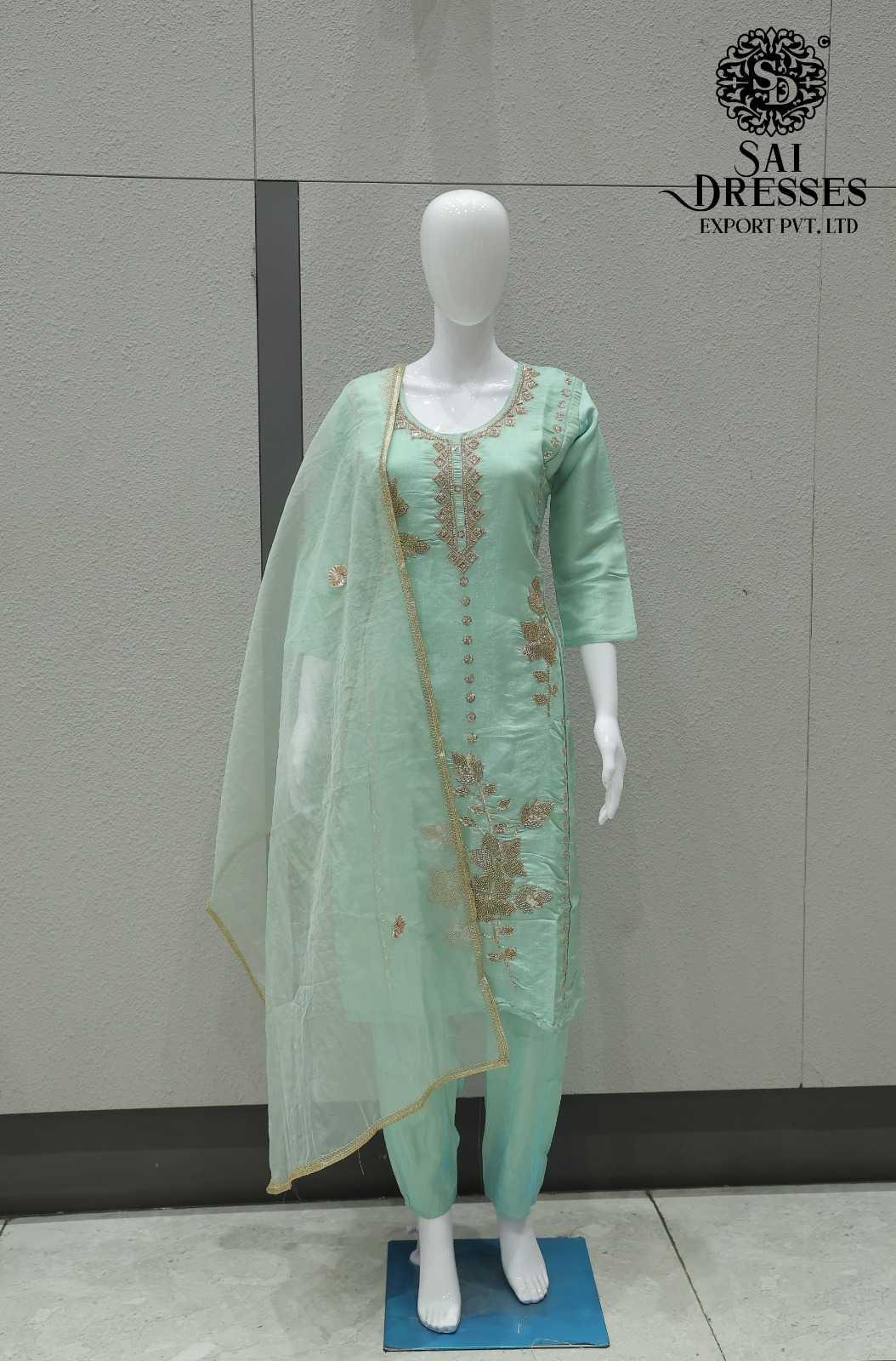GLASS ROMAN WITH HEAVY HANDWORK DESIGNER TOP BOTTOM DUPATTA SET IN MINT GREEN