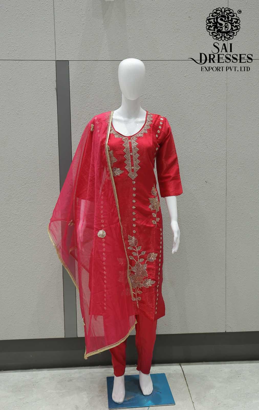GLASS ROMAN WITH HEAVY HANDWORK DESIGNER TOP BOTTOM DUPATTA SET IN RANI PINK