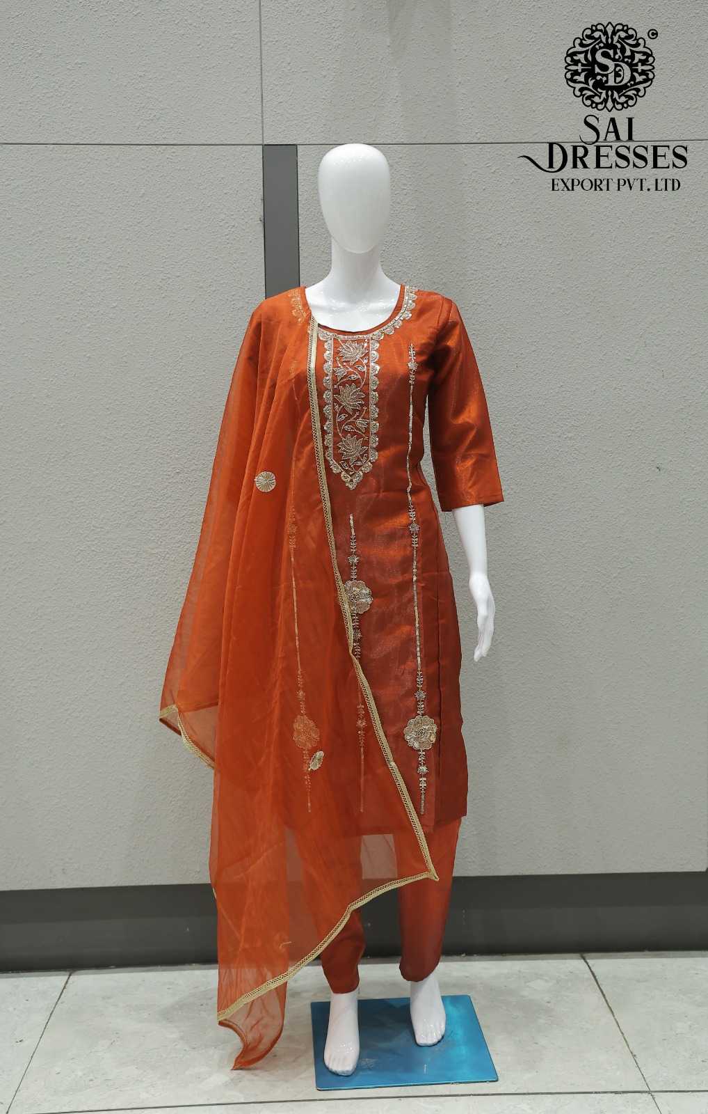 GLASS ROMAN WITH HEAVY HANDWORK DESIGNER TOP BOTTOM DUPATTA SET IN RUST ORANGE