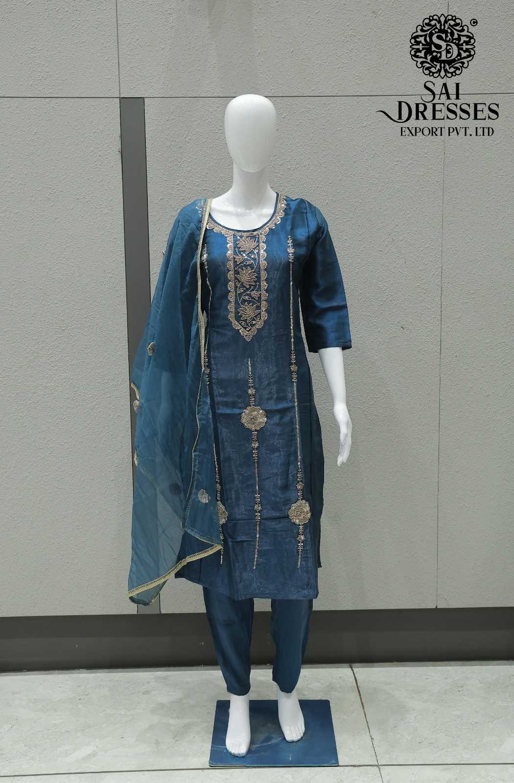 GLASS ROMAN WITH HEAVY HANDWORK DESIGNER TOP BOTTOM DUPATTA SET IN STEEL BLUE