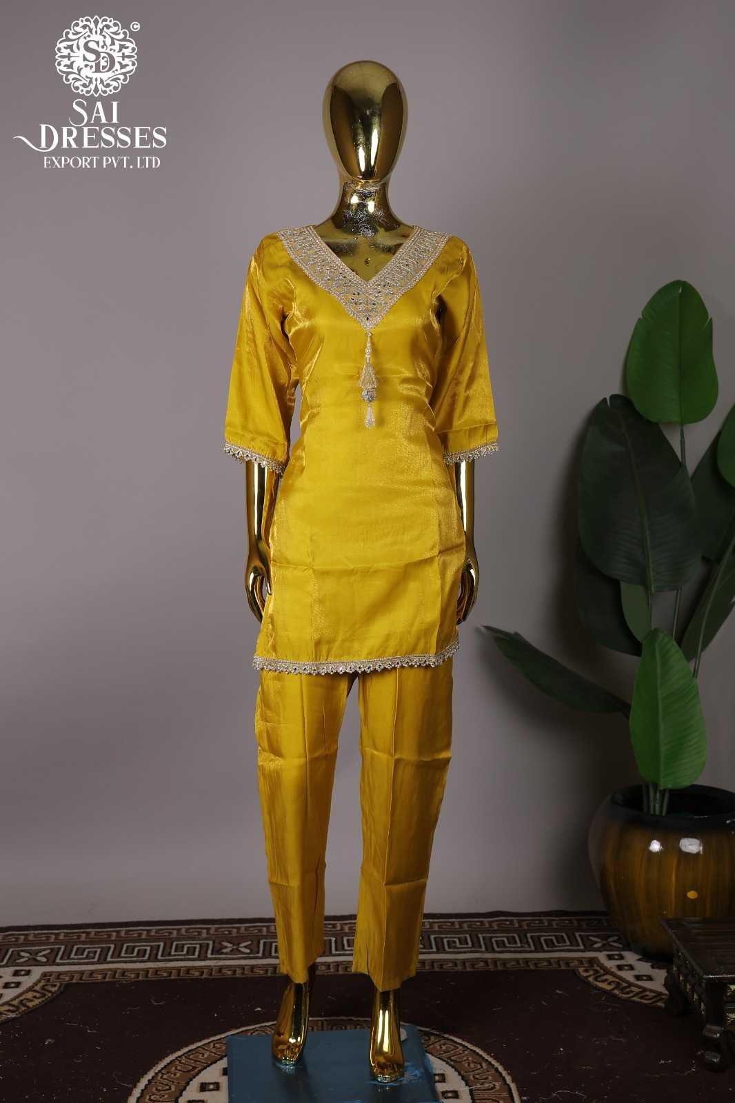 GLASS ROMAN WITH HEAVY NECK WORK V-NECK DESIGNER KURTI PANT SET IN MINT GREEN