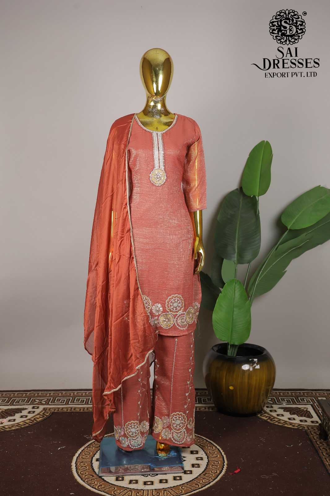 GOLD CRUSH WITH HEAVY BEATS WORK DESIGNER TOP BOTTOM DUPATTA SET IN PEACH ORANGE
