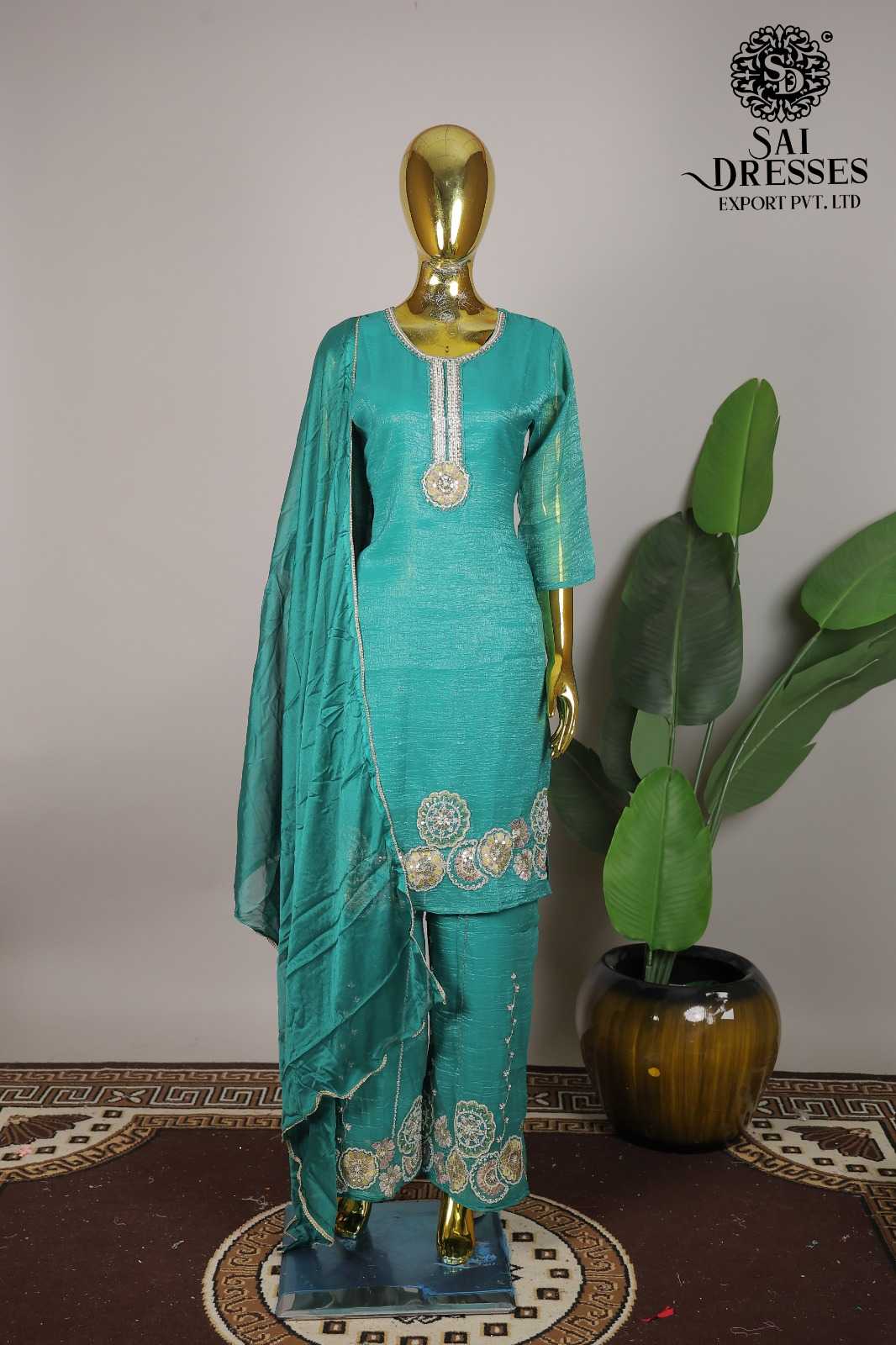 GOLD CRUSH WITH HEAVY BEATS WORK DESIGNER TOP BOTTOM DUPATTA SET IN TURQUOISE BLU