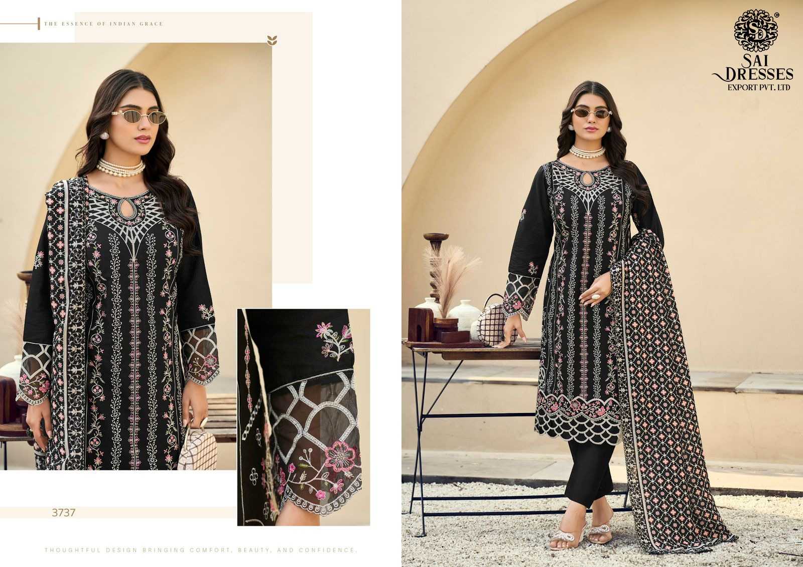 HEAVY COTTON WITH EMBROIDERY WORK BLACK DESIGNER SUIT SET WITH PRINTED DUPATTA