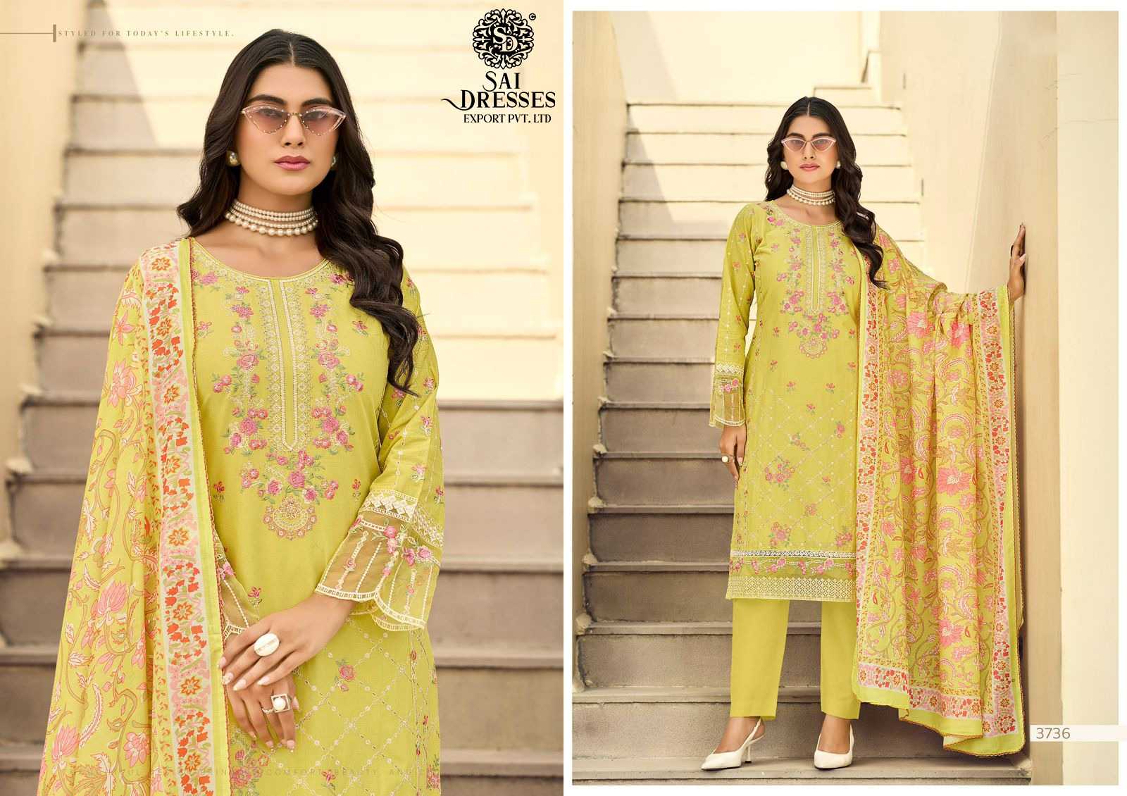 HEAVY COTTON WITH EMBROIDERY WORK LIME GREEN DESIGNER SUIT SET WITH PRINTED DUPATTA
