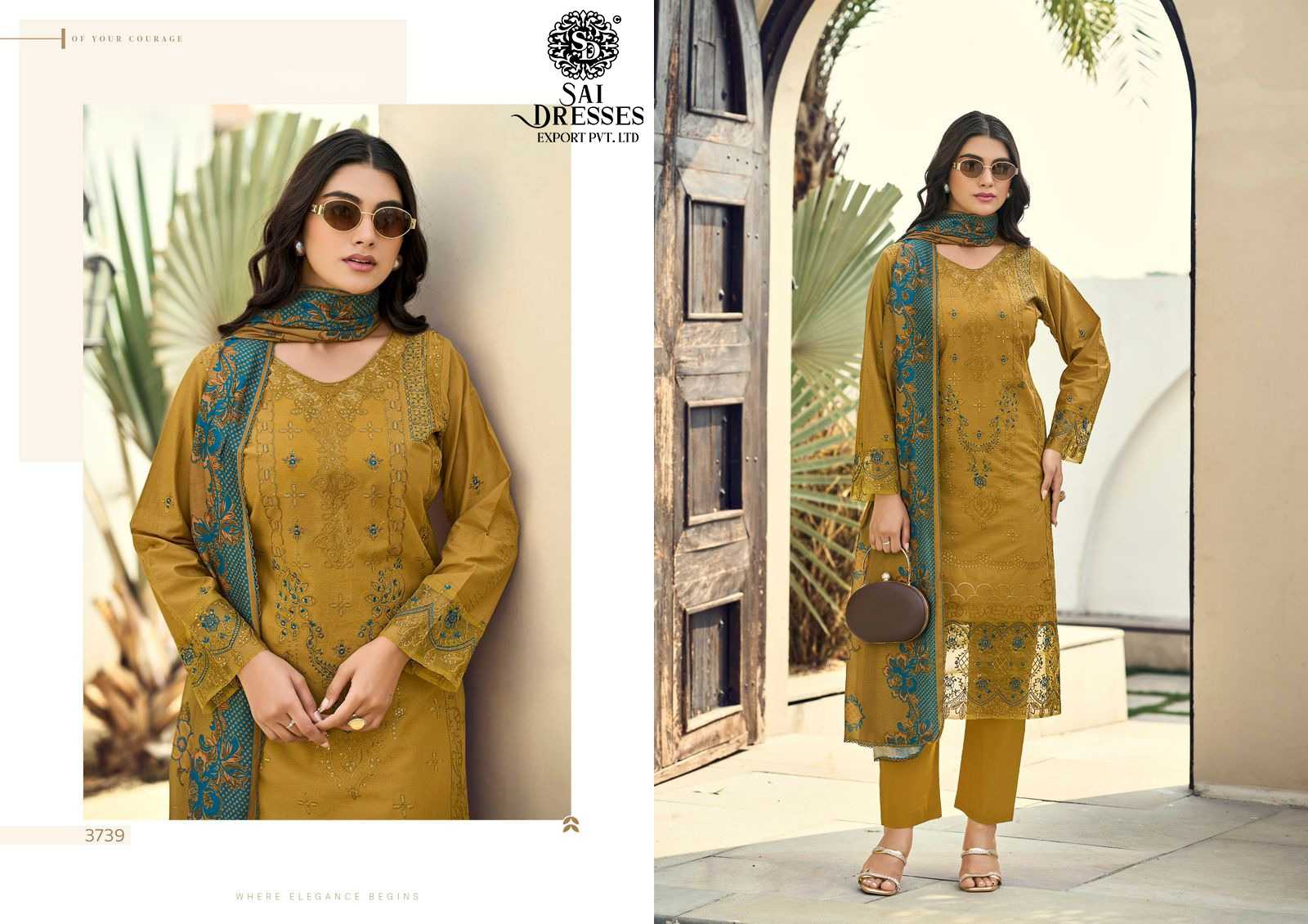 HEAVY COTTON WITH EMBROIDERY WORK MUSTARD DESIGNER SUIT SET WITH CONTRAST DUPATTA