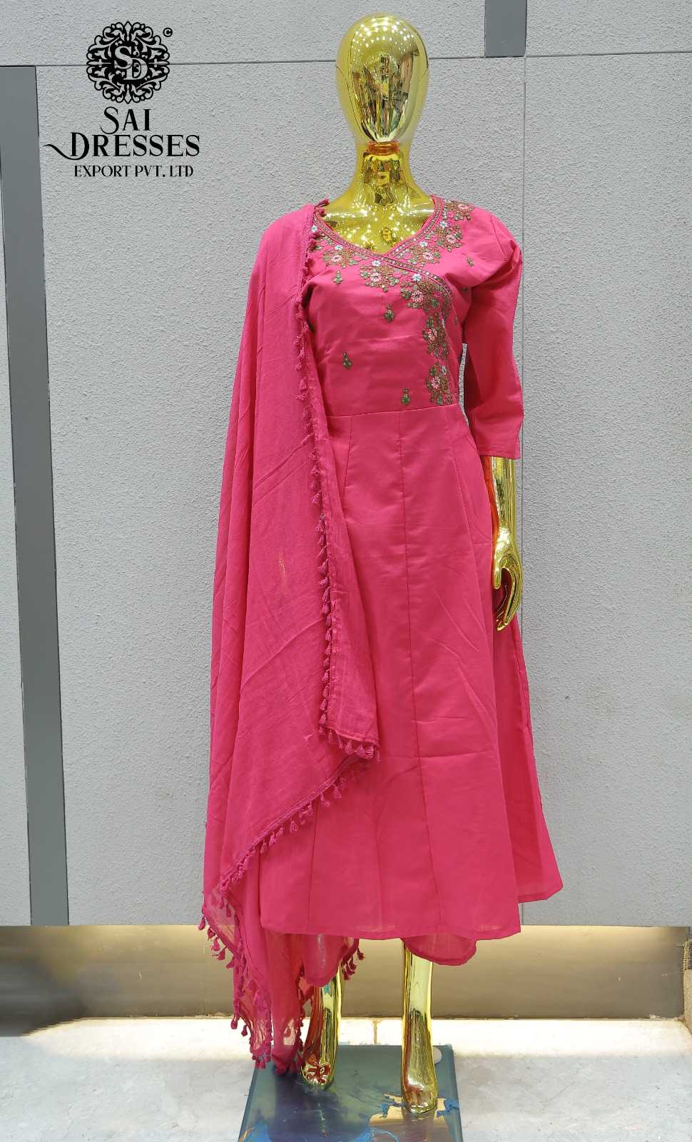 HOT PINK PURE COTTON FLORAL MIRROR WORK A-LINE KURTA PANT WITH DUPATTA SET