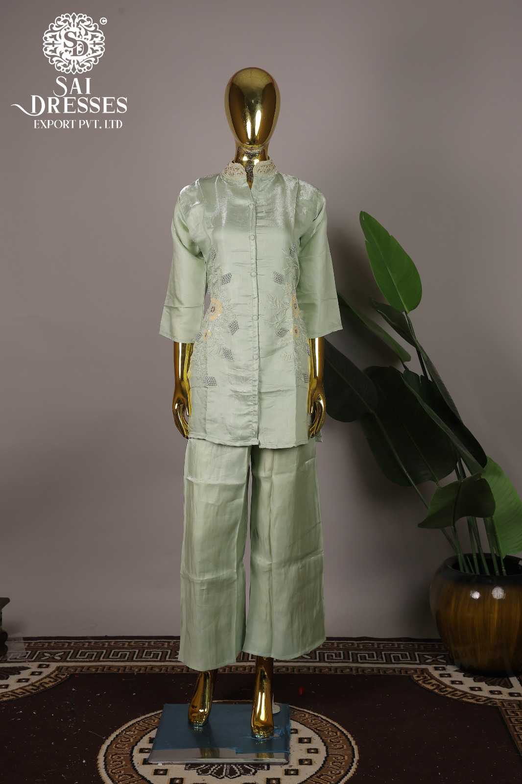 LIGHT GREEN GLASS ROMAN DESIGNER CO-ORD SET WITH HEAVY HAND EMBROIDERY WORK