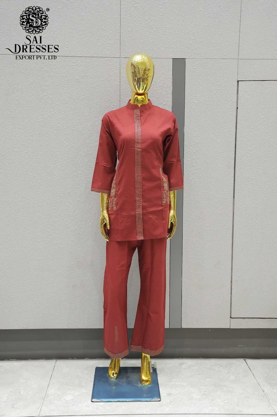 MAROON DABU COTTON CO-ORD SET WITH EMBROIDERY AND LACE WORK