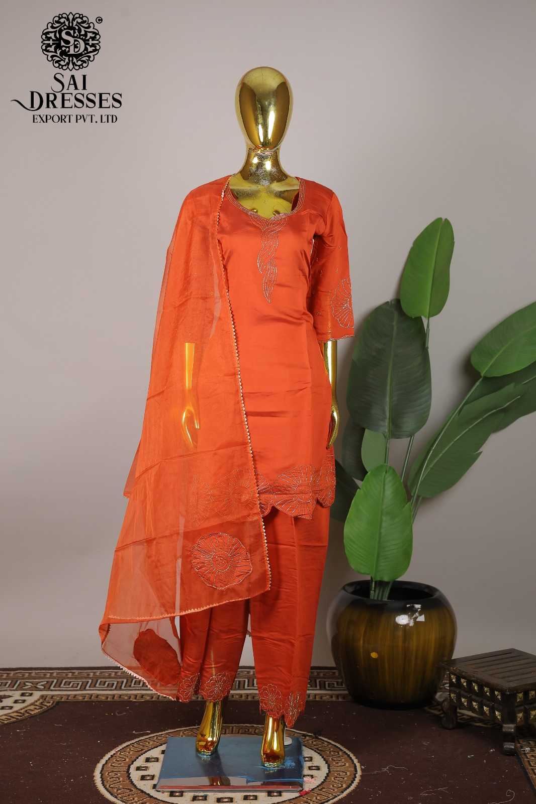 ORANGE ROMAN SILK HEAVY HAND WORK KURTI PANT WITH DUPATTA SET