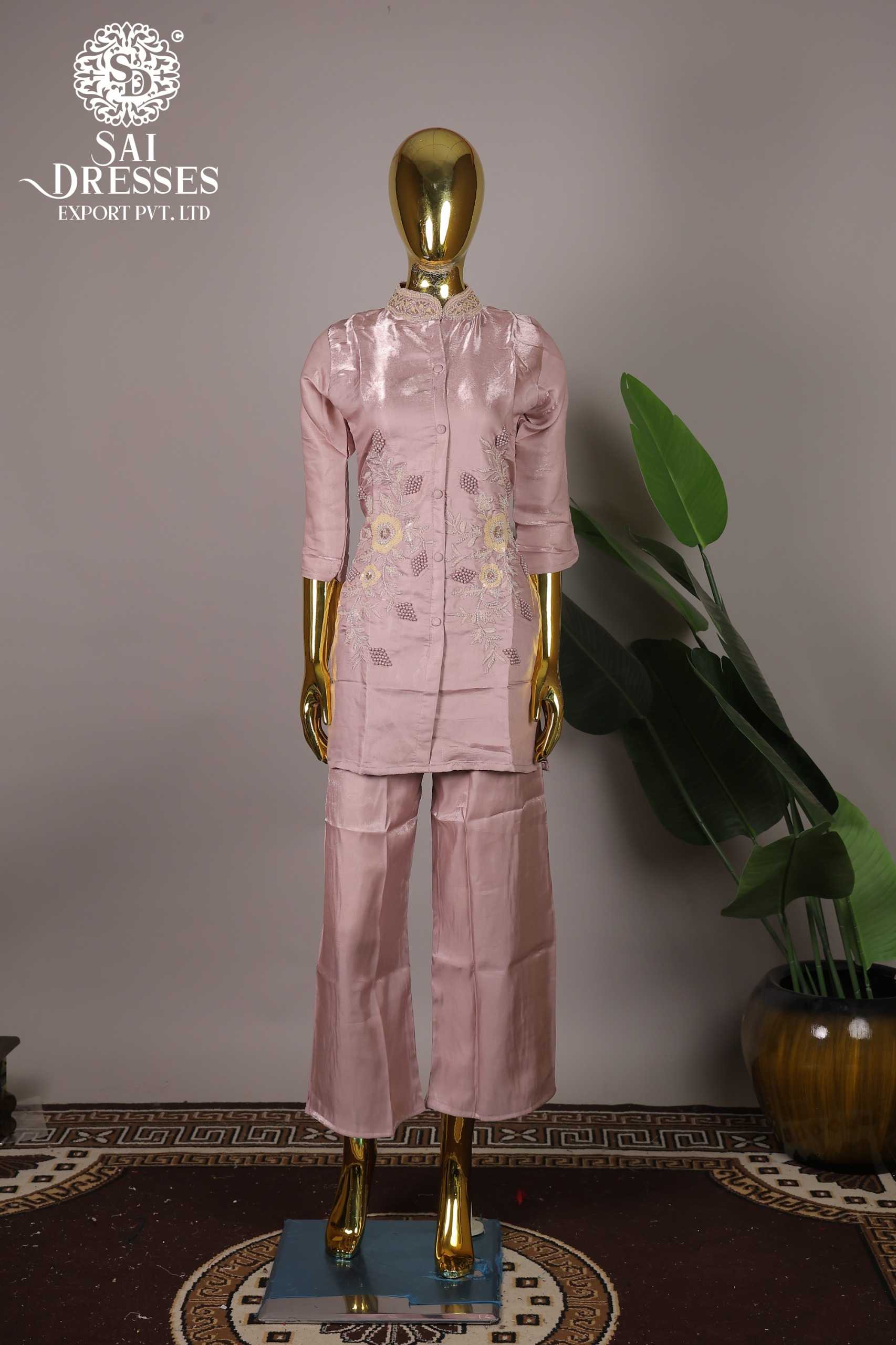 PINK GLASS ROMAN CO-ORD SET WITH HEAVY HAND AND EMBROIDERY WORK