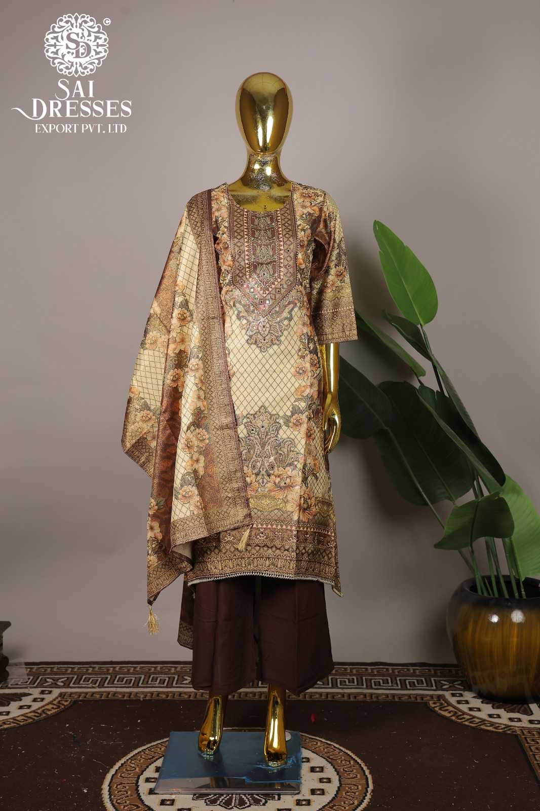 PREMIUM COFFEE BROWN SHIMMER PRINTED WORK SUIT SET WITH DUPATTA FOR WOMEN
