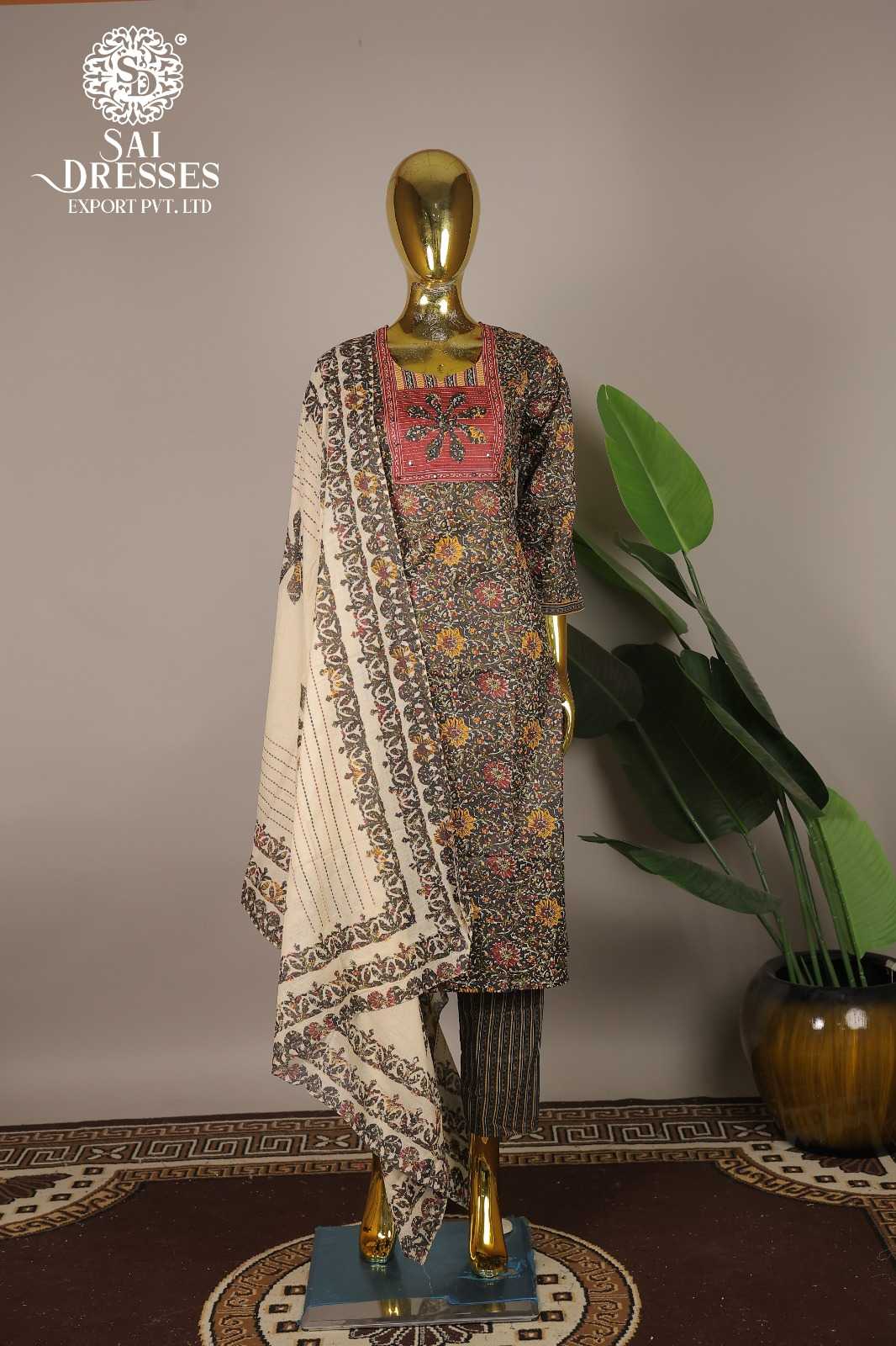 PREMIUM PURE COTTON BLACK AND BEIGE ETHNIC SUIT WITH INTRICATE RED EMBROIDERY WORK AND PRINTED DUPATTA