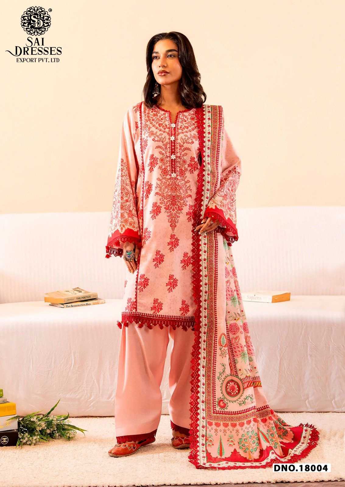 PREMIUM PURE COTTON HEAVY GPO LACE SUIT IN SOFT PEACH WITH RICH RED DETAILING