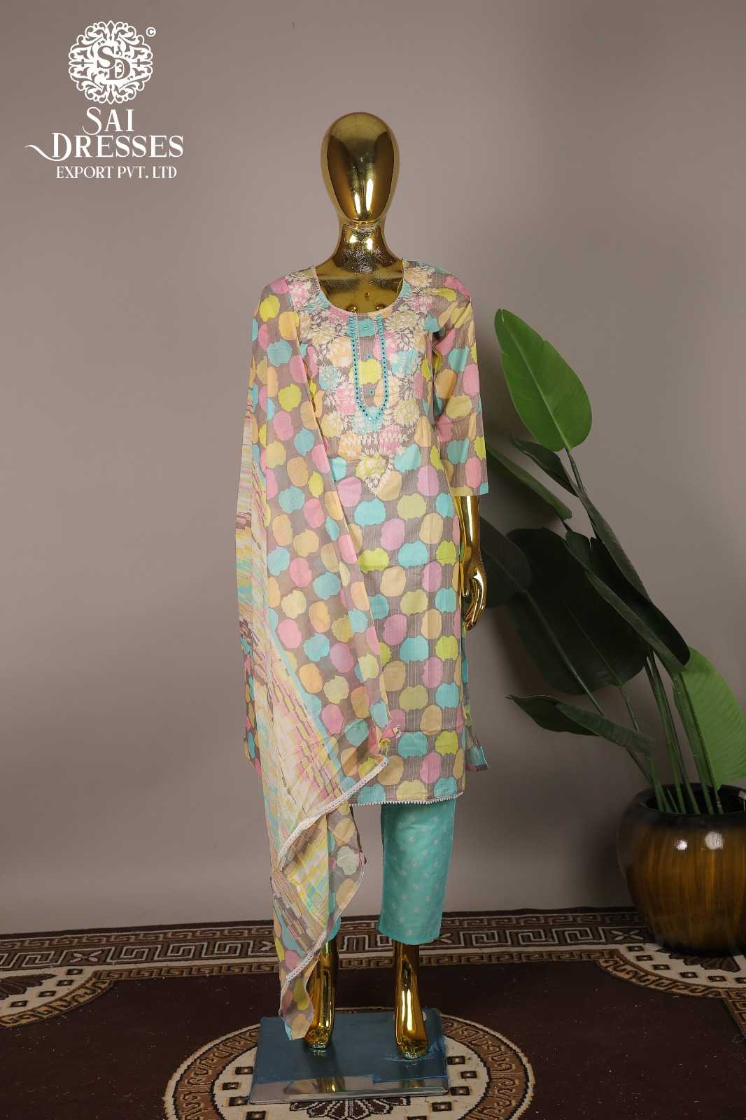 PREMIUM PURE COTTON PASTEL MULTICOLOR DRESS MATERIAL WITH HEAVY EMBROIDERED YOKE AND AQUA BOTTOM