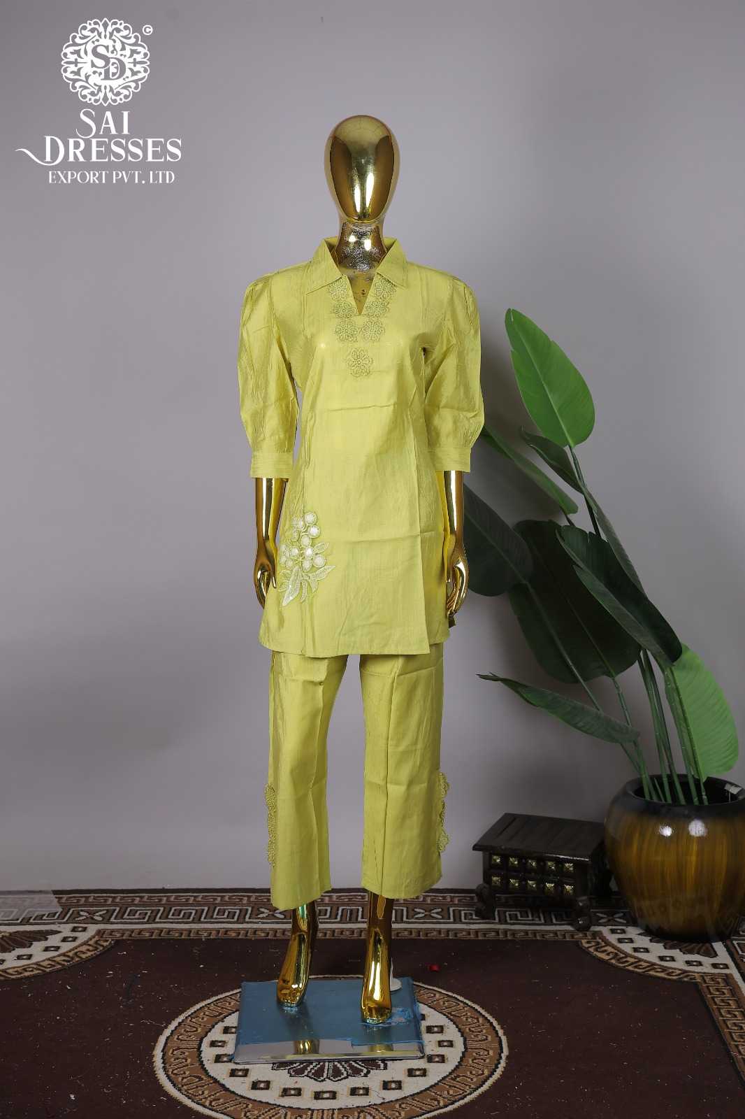 PREMIUM VATICAN SILK STRAIGHT KURTI WITH PANT FEATURING GPO LACES AND ELEGANT HAND WORK IN LEMON YELLOW