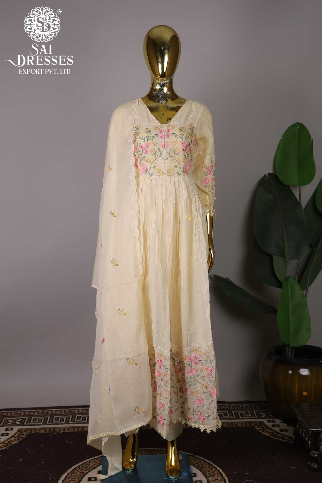 PURE COTTON EMBROIDERY WORK DESIGNER ANARKALI SET WITH DUPATTA IN CREAM