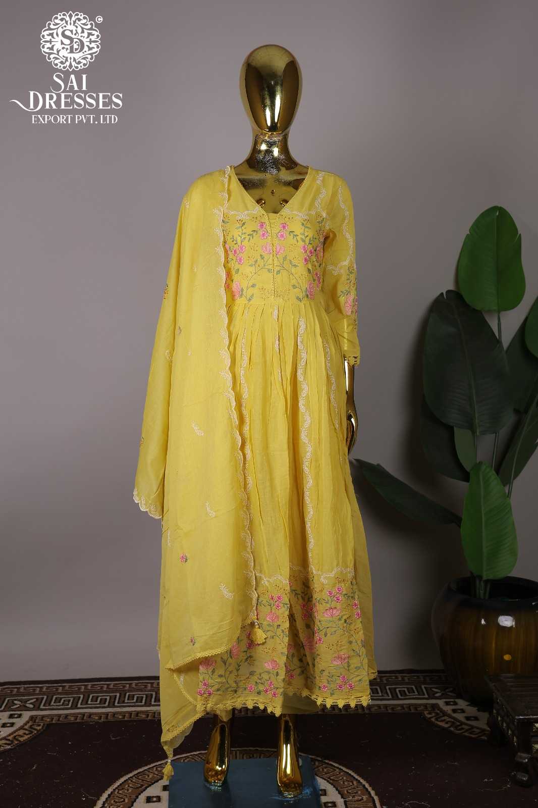 PURE COTTON EMBROIDERY WORK DESIGNER ANARKALI SET WITH DUPATTA IN YELLOW