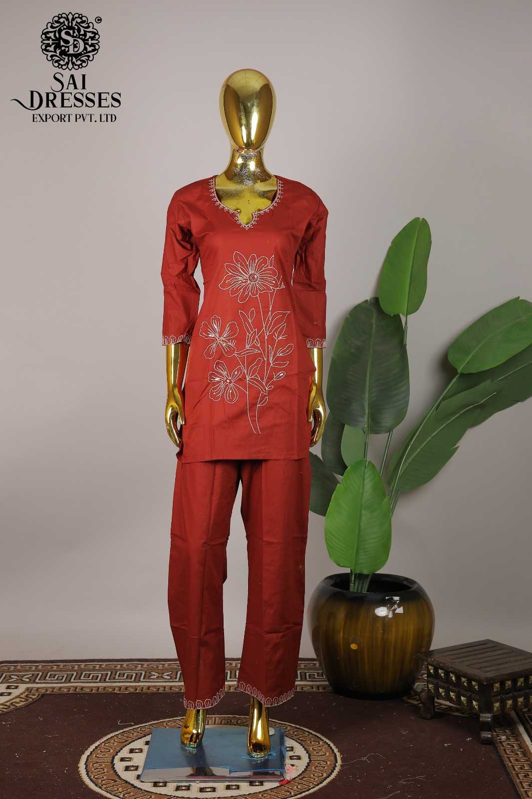 PURE COTTON EMBROIDERY WORK WOMEN KURTI WITH PANT SET – STYLISH TRADITIONAL WEAR – LIGHTWEIGHT BREATHABLE SUMMER SEASON COLLECTION – RUST ORANGE