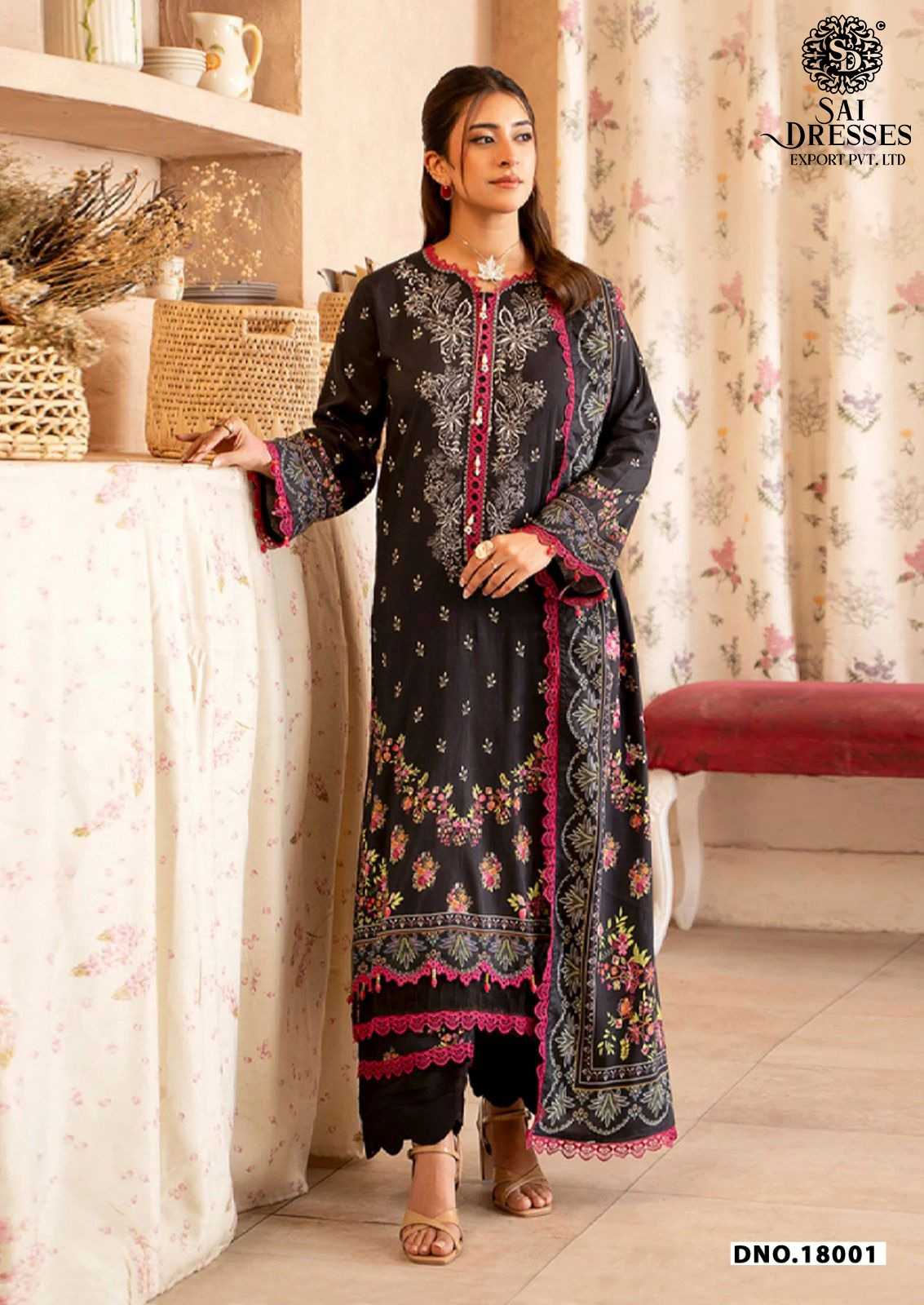 PURE COTTON HEAVY GPO LACE DESIGNER SUIT SET IN BLACK WITH PINK FLORAL DETAILING