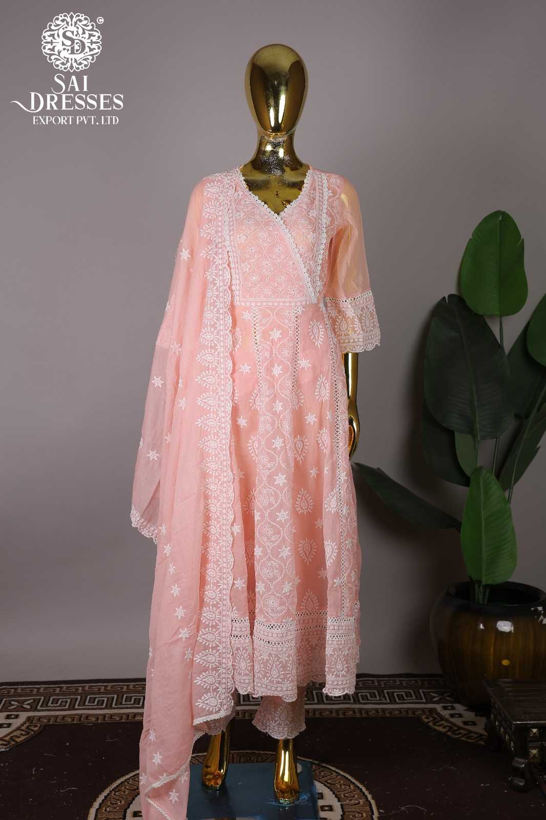 PURE COTTON WHITE DHAAGA WORK DESIGNER ANARKALI SET WITH DUPATTA IN PEACH