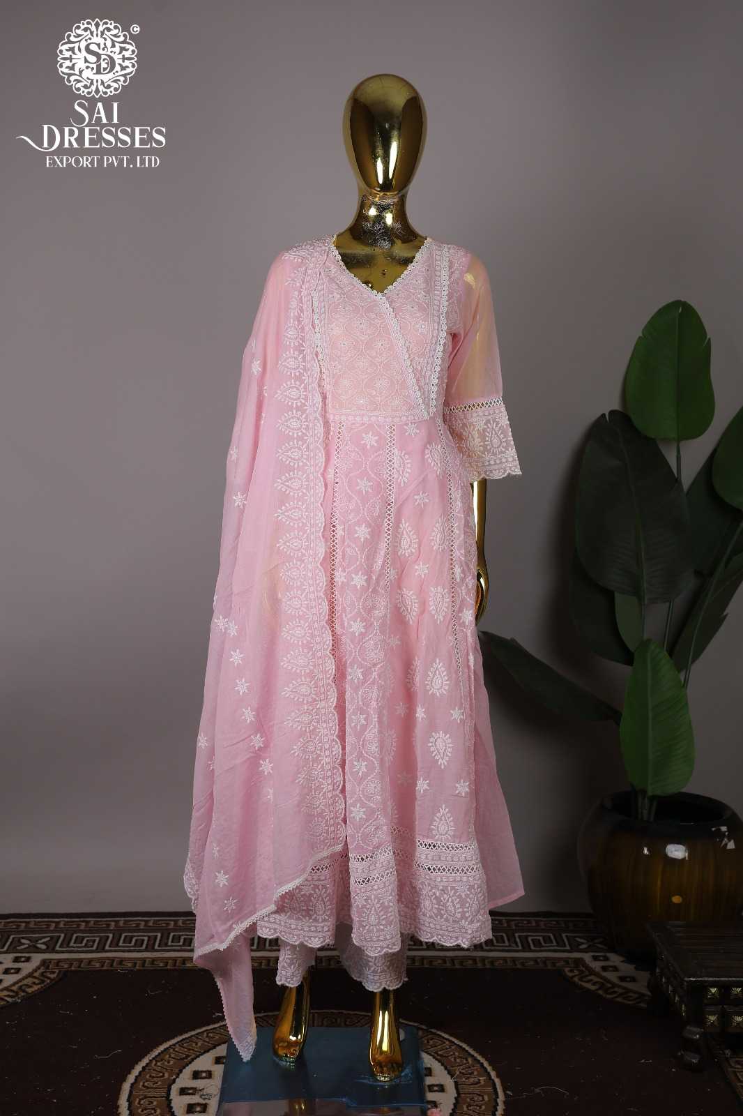 PURE COTTON WHITE DHAAGA WORK DESIGNER ANARKALI SET WITH DUPATTA IN PINK
