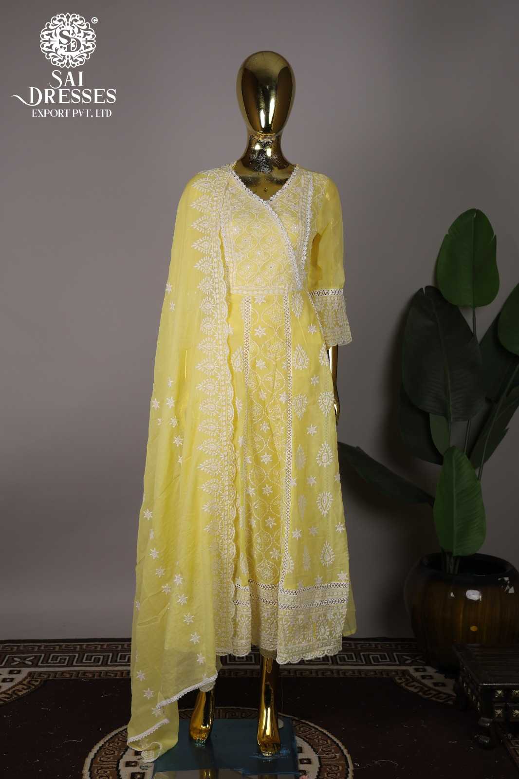 PURE COTTON WHITE DHAAGA WORK DESIGNER ANARKALI SET WITH DUPATTA IN YELLOW