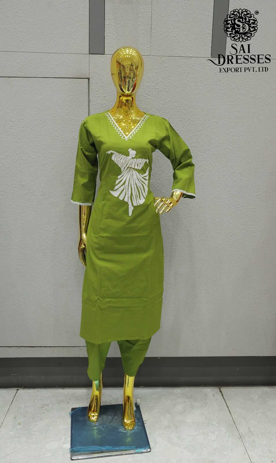 PURE COTTON WITH EMBROIDERY WORK DESIGNER TOP BOTTOM SET IN OLIVE GREEN