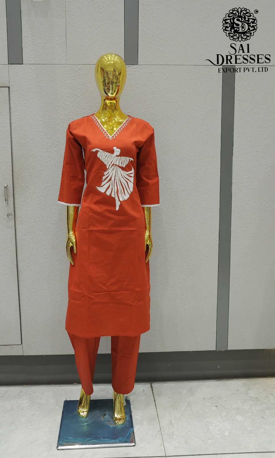 PURE COTTON WITH EMBROIDERY WORK DESIGNER TOP BOTTOM SET IN RUST ORANGE