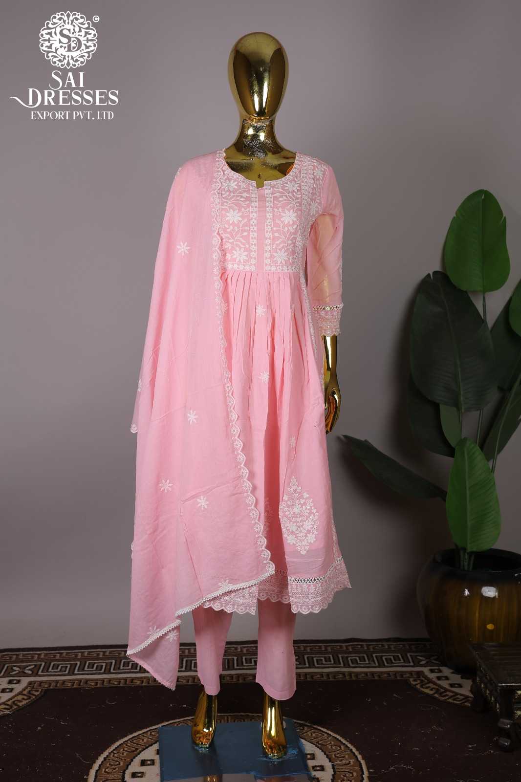 PURE COTTON WITH WHITE DHAAGA WORK BABY PINK DESIGNER SUIT SET WITH DUPATTA