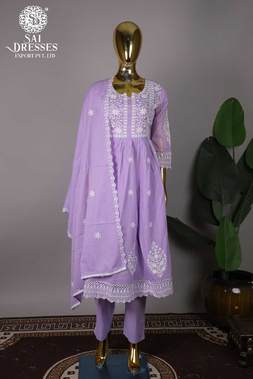 PURE COTTON WITH WHITE DHAAGA WORK LAVENDER DESIGNER SUIT SET WITH DUPATTA