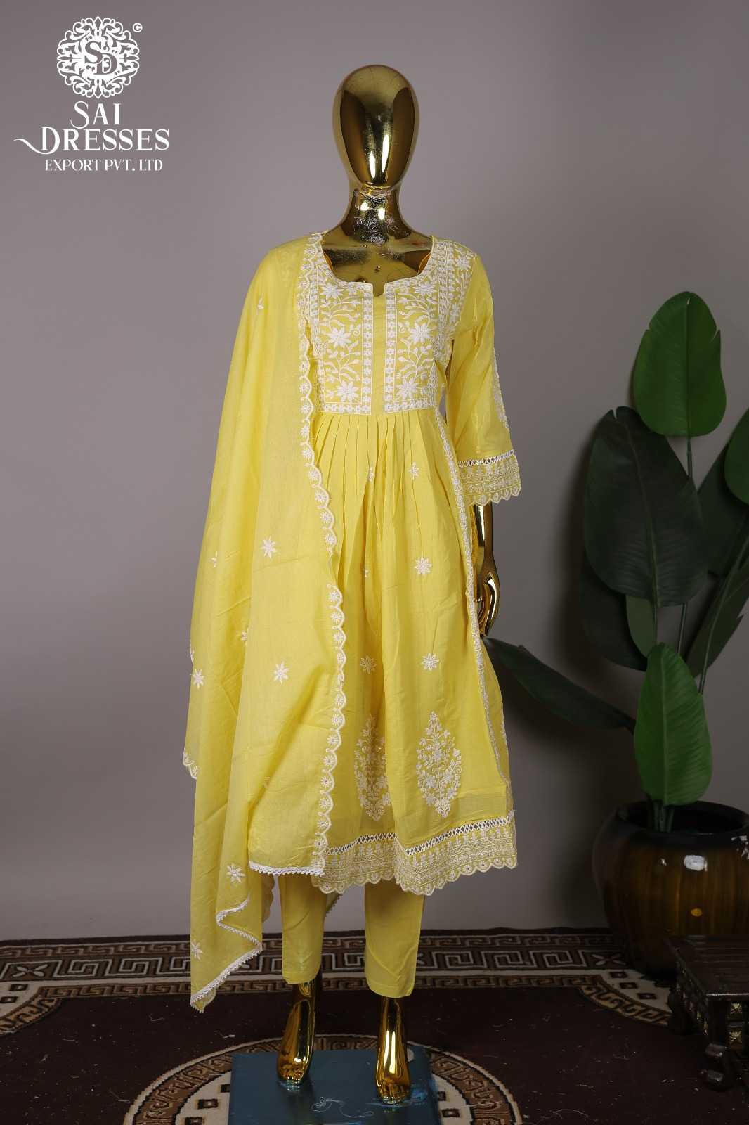 PURE COTTON WITH WHITE DHAAGA WORK YELLOW DESIGNER SUIT SET WITH DUPATTA