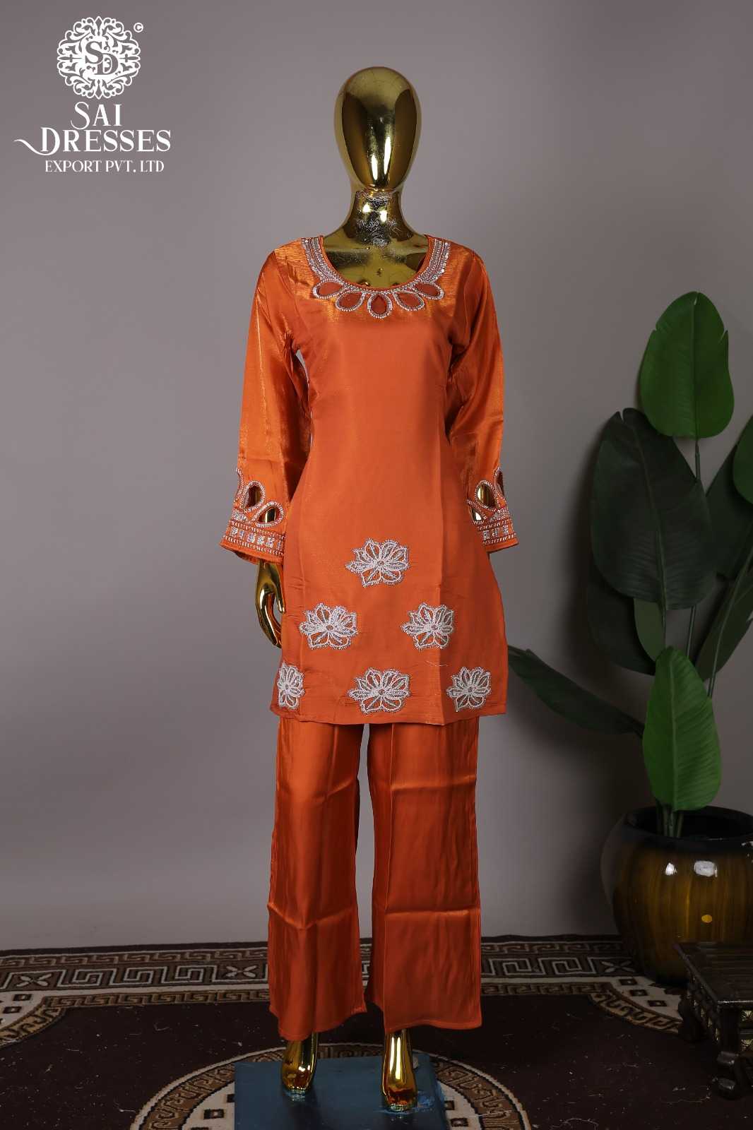 PURE GLASS ORGANZA HEAVY HANDWORK DESIGNER KURTI PALAZZO SET IN ORANGE
