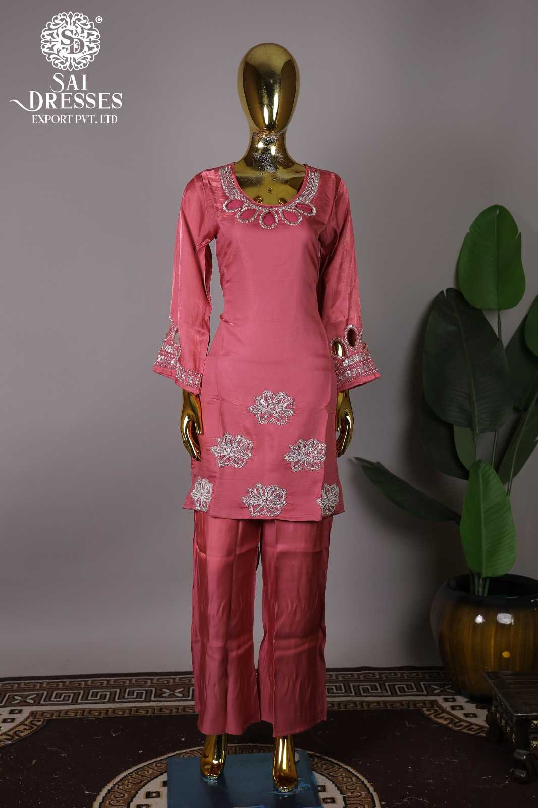 PURE GLASS ORGANZA HEAVY HANDWORK DESIGNER KURTI PALAZZO SET IN PINK
