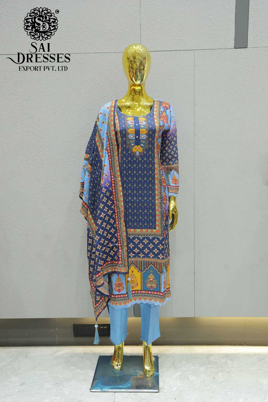 PURE MASLIN HEAVY HANDWORK DESIGNER SUIT SET IN SKY BLUE WITH NAVY AND MUSTARD PRINT
