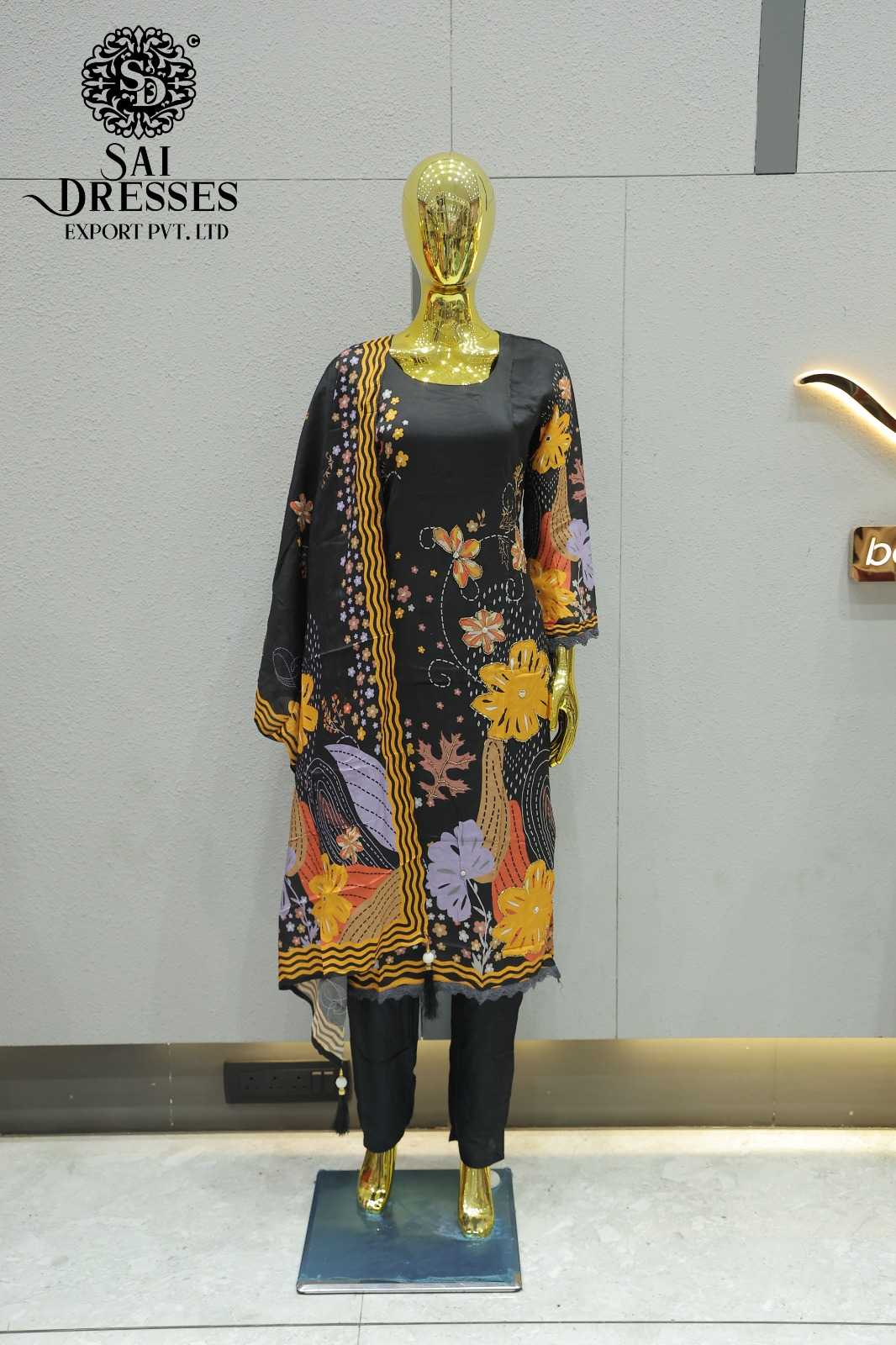 PURE MASLIN HEAVY HANDWORK ETHNIC SUIT SET IN CLASSIC BLACK WITH MUSTARD FLORAL PRINT