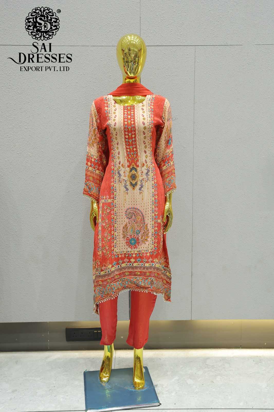 PURE NATURAL CREPE DESIGNER WORK SUIT SET IN CORAL ORANGE WITH BEIGE PRINTED PANEL