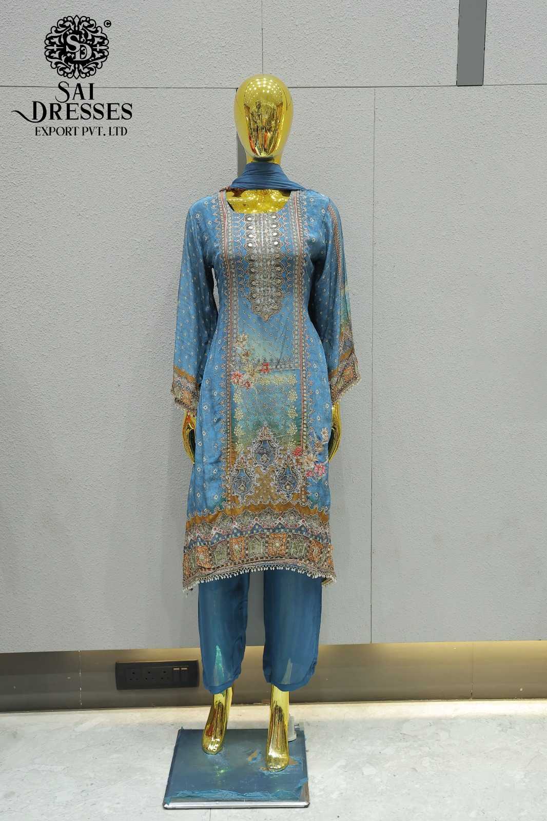 PURE NATURAL CREPE DESIGNER WORK SUIT SET IN POWDER BLUE WITH MULTICOLOR EMBROIDERY